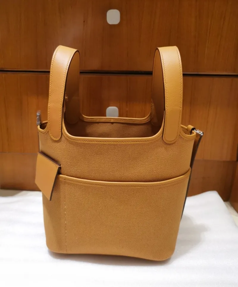 Hermes Tan Canvas Bucket Shopping Bag - Image 3