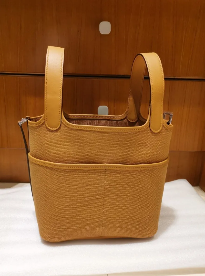 Hermes Tan Canvas Bucket Shopping Bag - Image 4