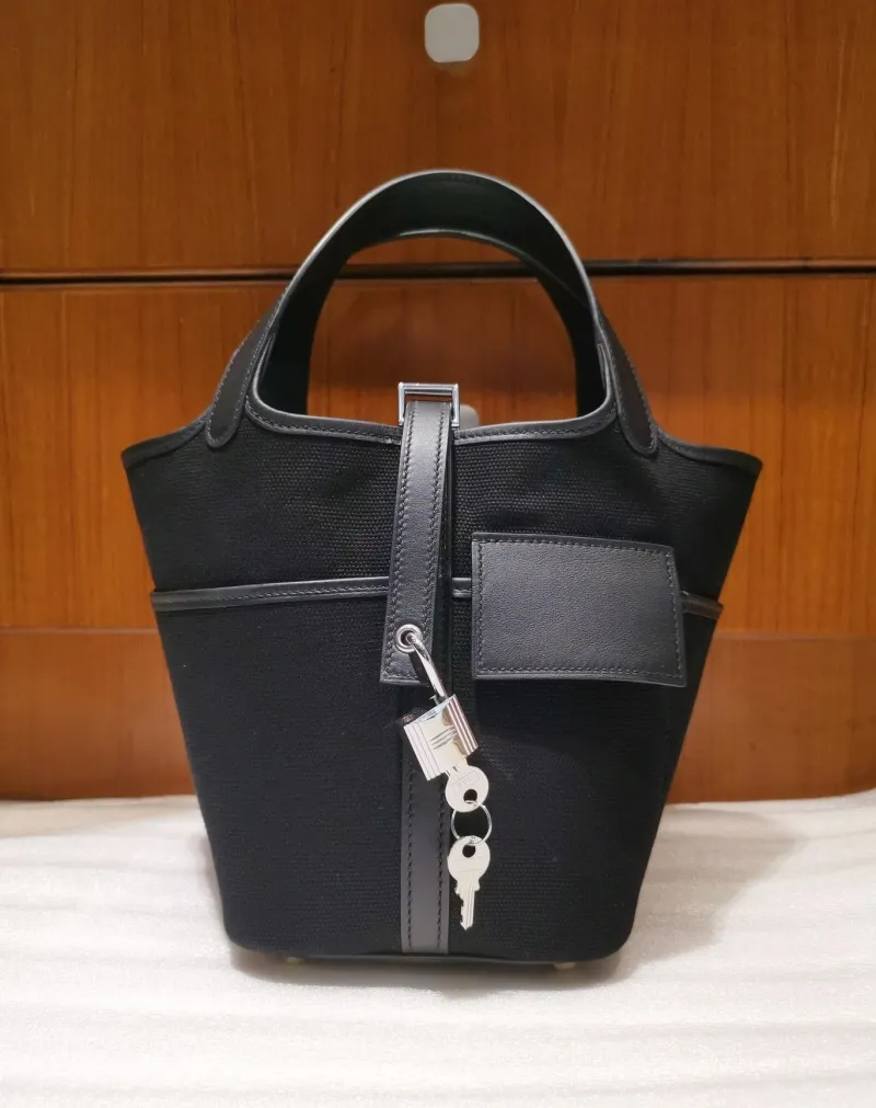 Hermes Black Canvas Bucket Handbag