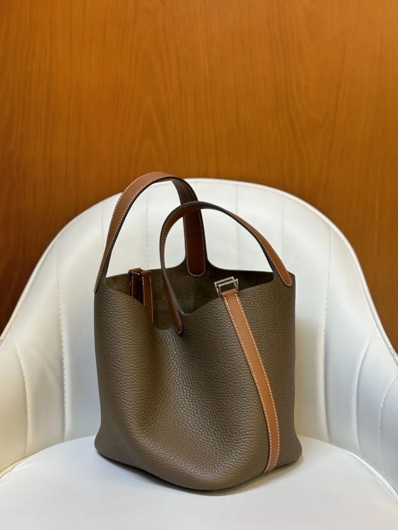 Hermes Brown Leather Bucket Tote Handbag 44 - Image 4