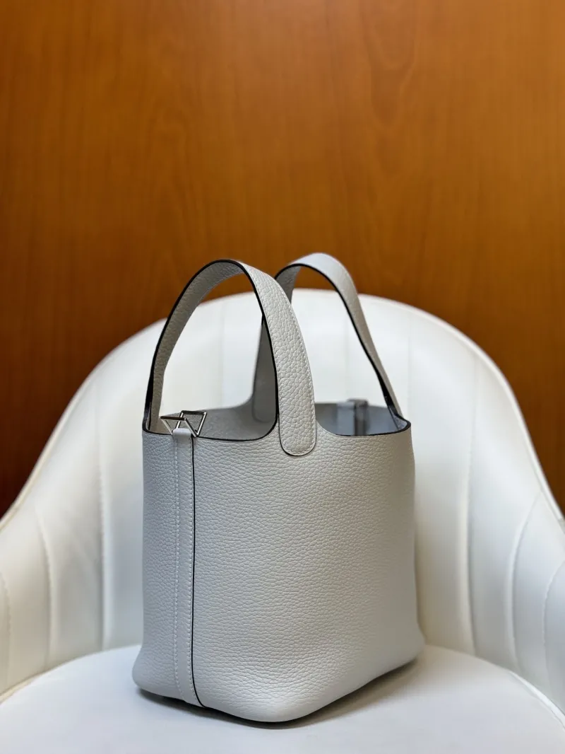 Hermes Light Gray Leather Bucket Shopping Bag 50 - Image 3