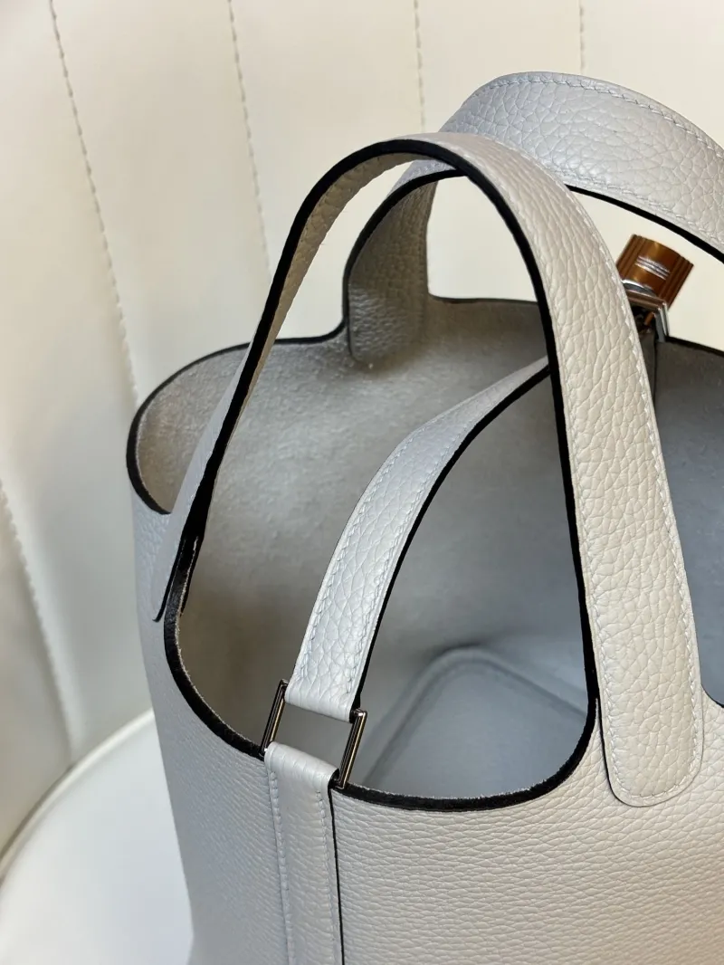Hermes Light Gray Leather Bucket Shopping Bag 50 - Image 8