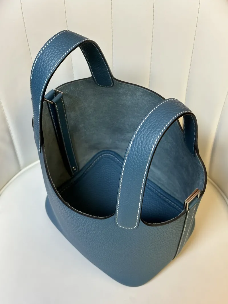 Hermes Blue Leather Bucket Bag - Image 4