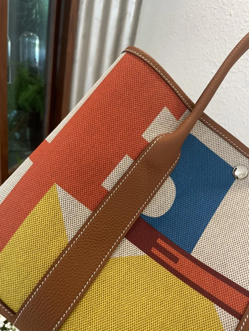 Hermes Multicolor Canvas Leather Tote Bag 66 - Image 5