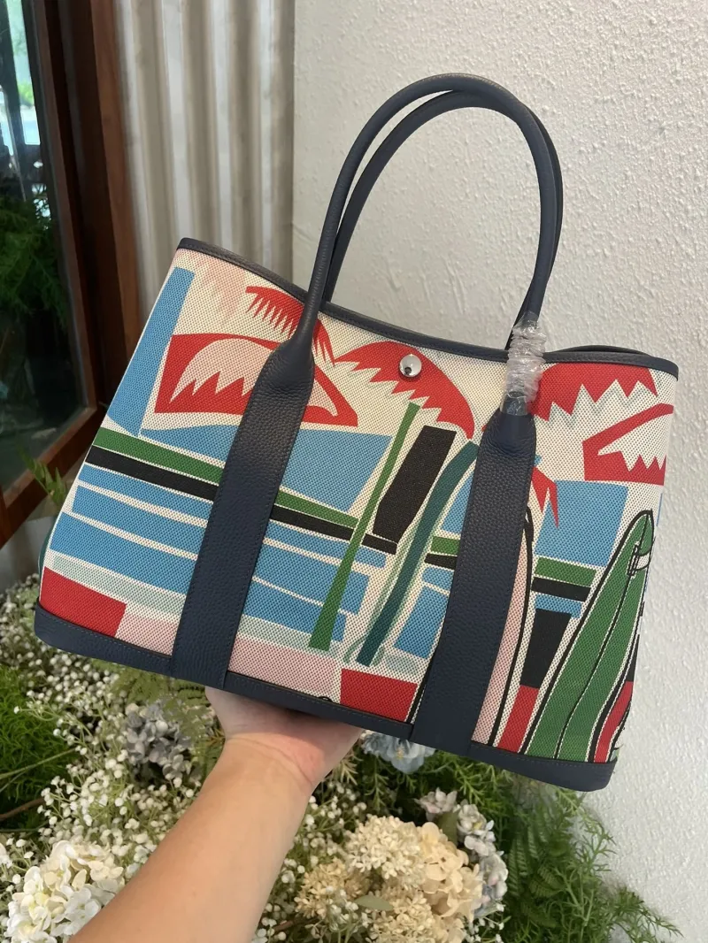 Hermes Navy Multicolor Print Tote Bag SKU 69 - Image 4