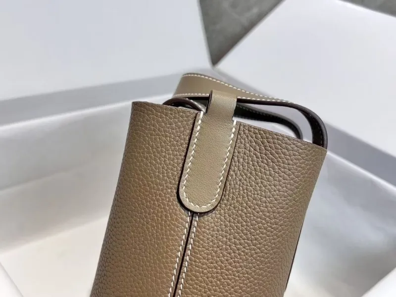 Hermes Taupe Leather Bucket Bag - Image 7