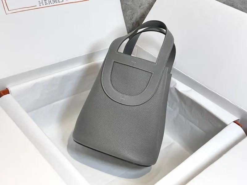Hermes Gray Leather Bucket Tote Bag - Image 3