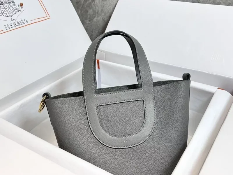 Hermes Gray Leather Bucket Tote Bag - Image 4