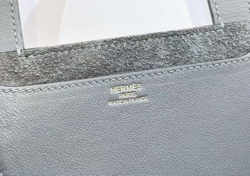 Hermes Gray Leather Bucket Tote Bag - Image 8