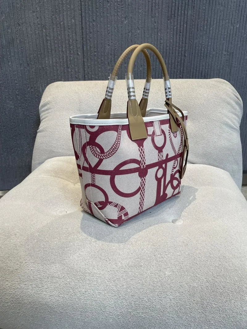 Hermes Beige Canvas Tote Bag with Maroon Pattern 81 - Image 4