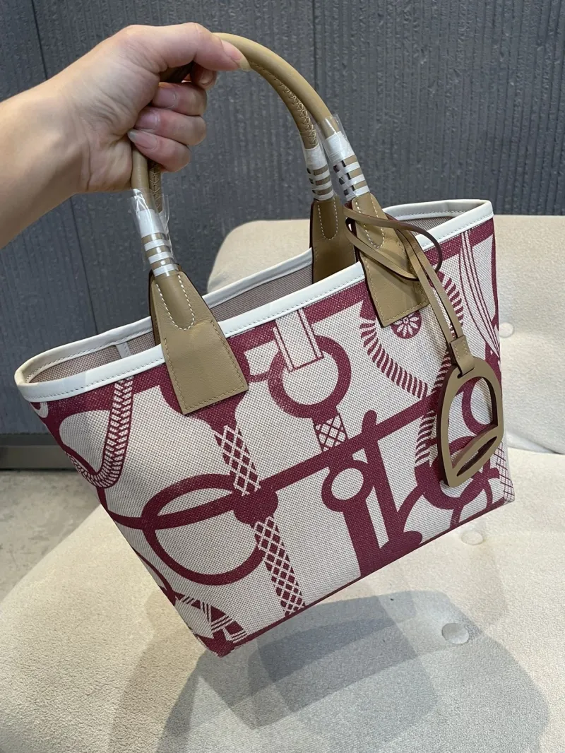Hermes Beige Canvas Tote Bag with Maroon Pattern 81 - Image 7