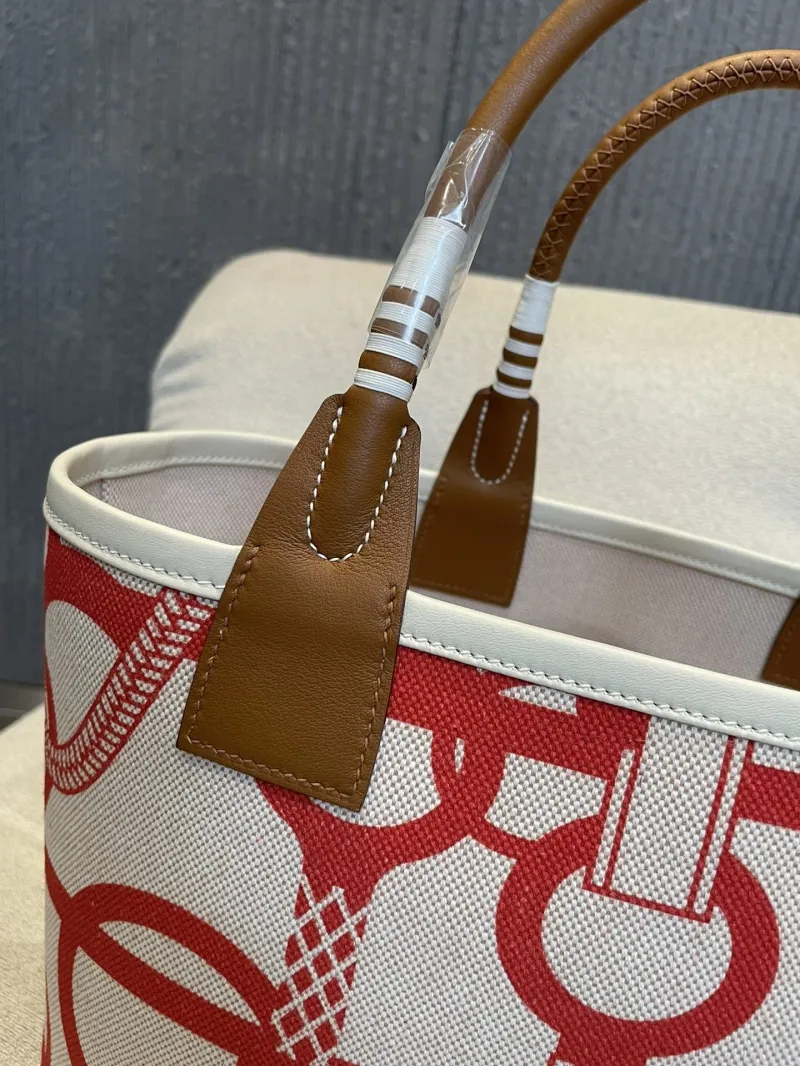Hermes Red White Canvas Tote Bag 89 - Image 3