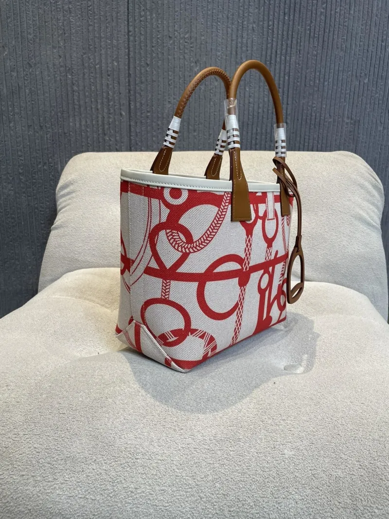 Hermes Red White Canvas Tote Bag 89 - Image 5