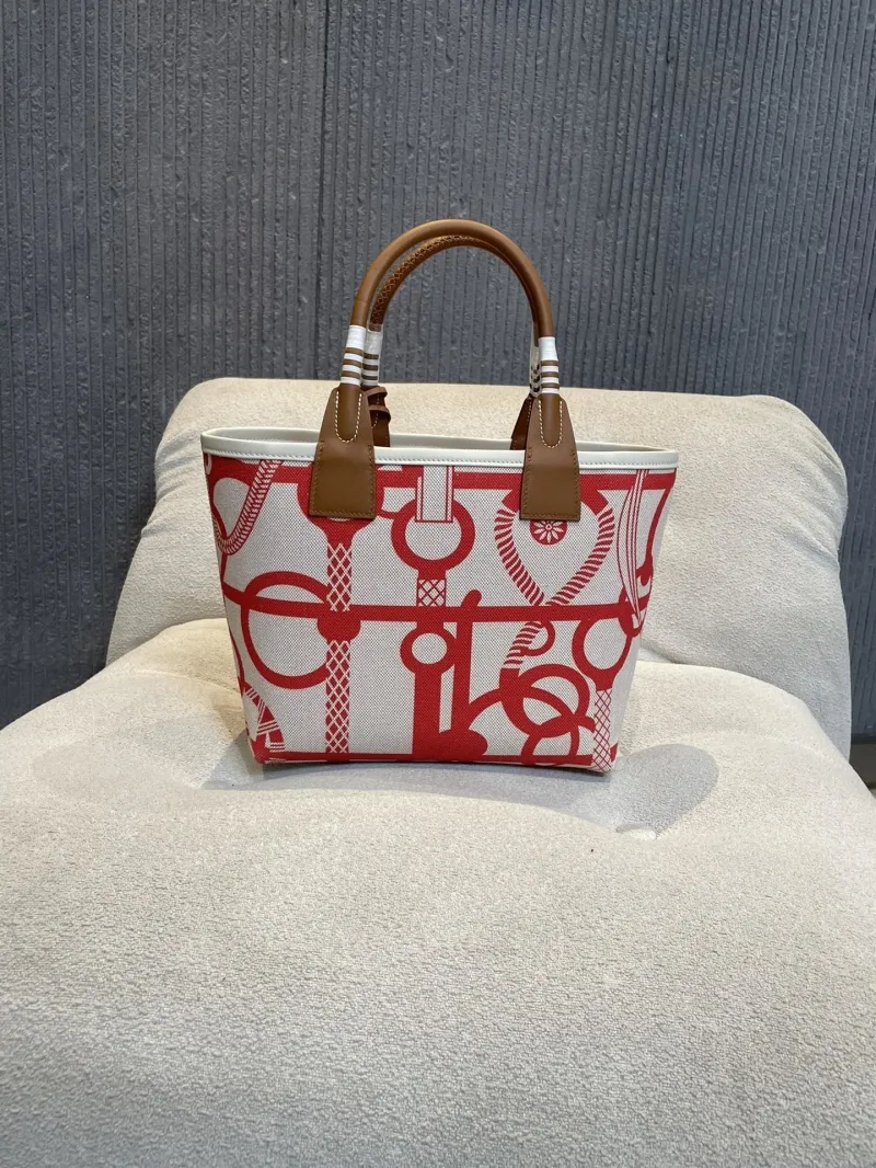 Hermes Red White Canvas Tote Bag 89 - Image 6