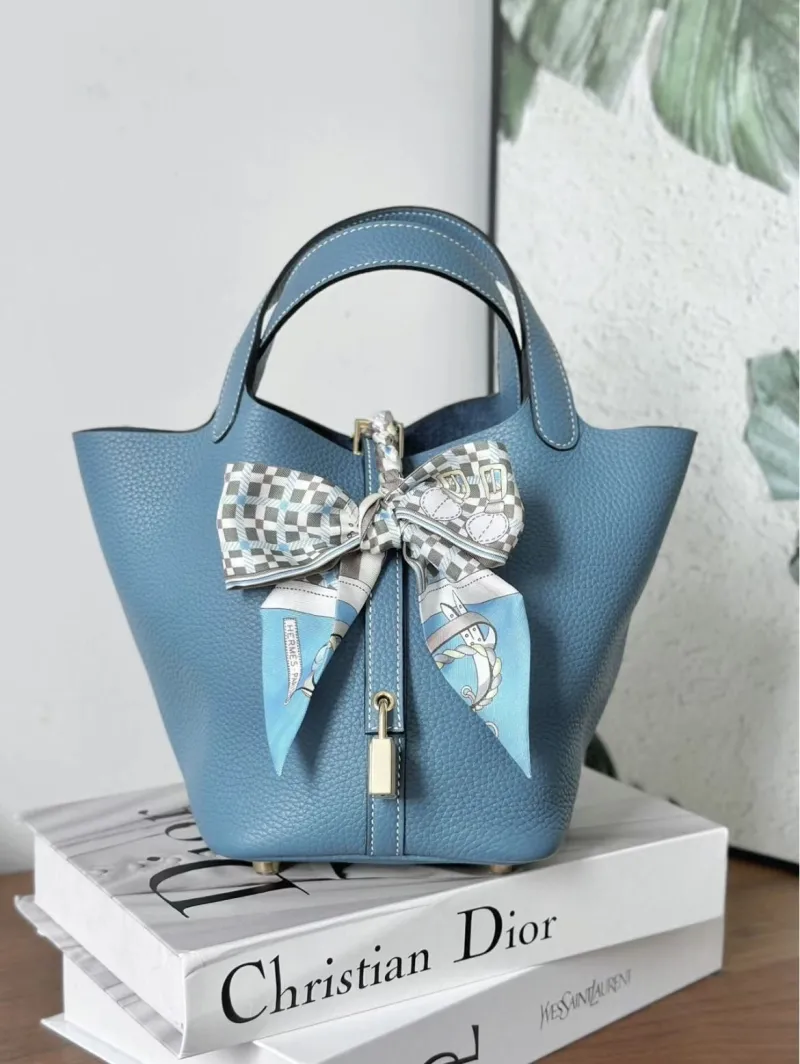 Hermes Blue Leather Bucket Handbag - Image 3