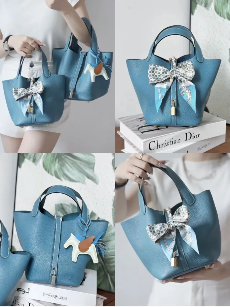 Hermes Blue Leather Bucket Handbag - Image 8
