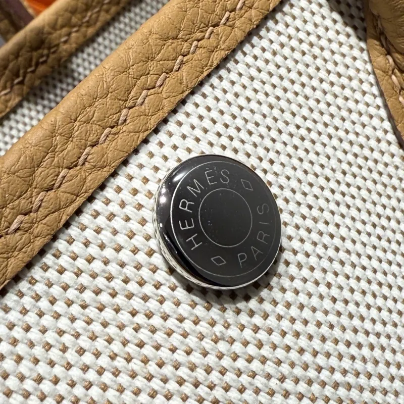 Hermes Beige Tan Canvas Leather Tote Bag 113 - Image 6