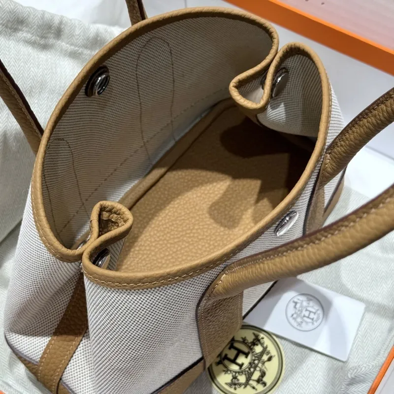 Hermes Beige Tan Canvas Leather Tote Bag 113 - Image 9