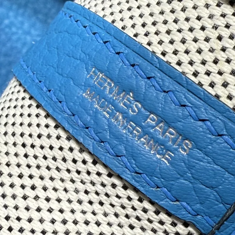Hermes Blue Canvas Leather Tote Bag - Image 5
