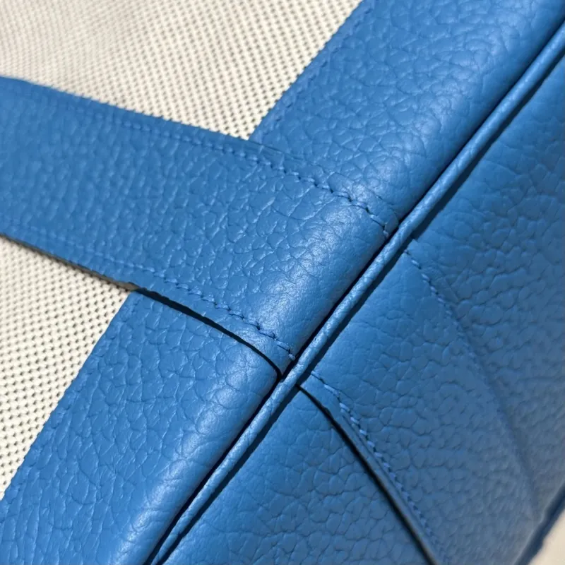 Hermes Blue Canvas Leather Tote Bag - Image 7