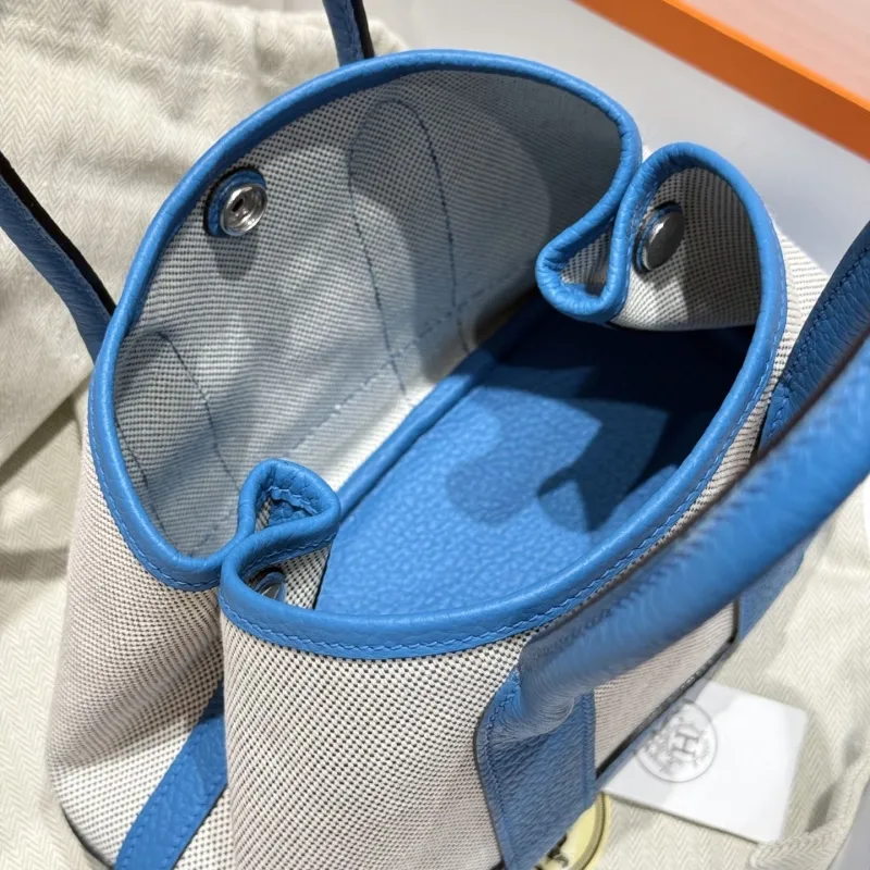 Hermes Blue Canvas Leather Tote Bag - Image 9