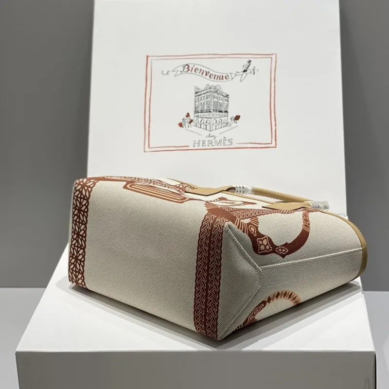 Hermes Canvas Tote Bag Beige Brown Pattern - Image 3