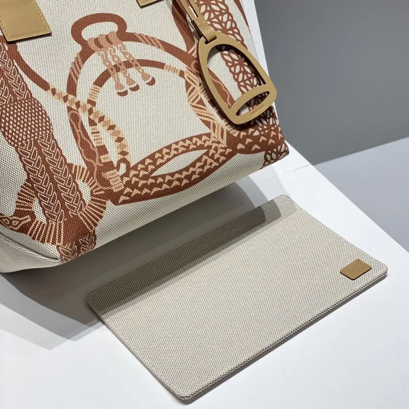 Hermes Canvas Tote Bag Beige Brown Pattern - Image 4