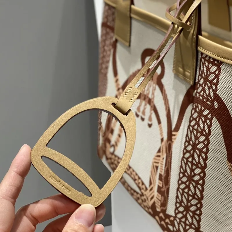 Hermes Canvas Tote Bag Beige Brown Pattern - Image 5
