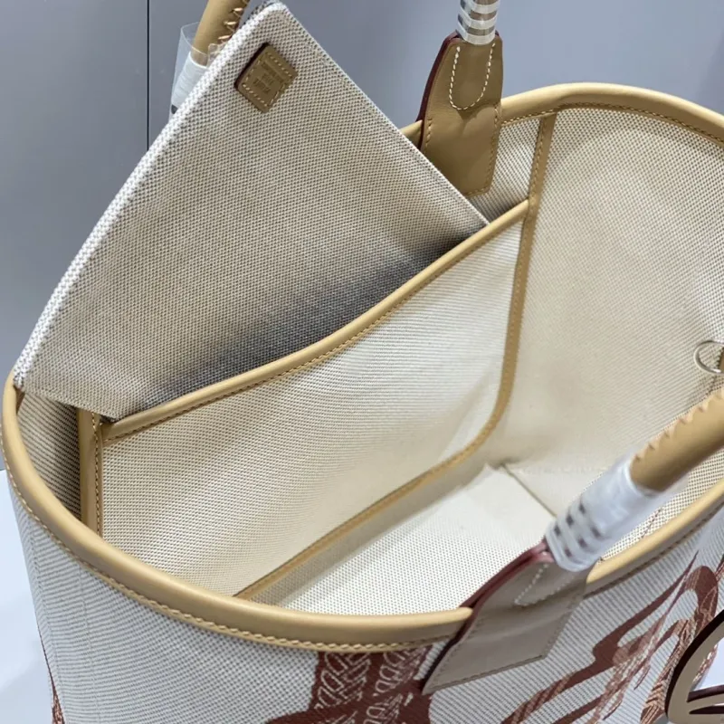 Hermes Canvas Tote Bag Beige Brown Pattern - Image 8
