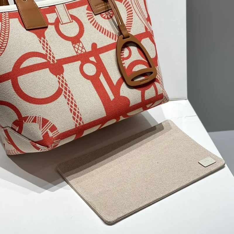 Hermes Beige Red Canvas Tote Bag - Image 4