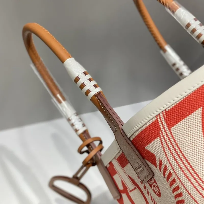 Hermes Beige Red Canvas Tote Bag - Image 6