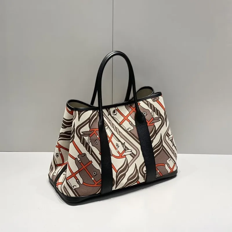 Hermes Horse Print Canvas Tote Bag with Black Leather Trim