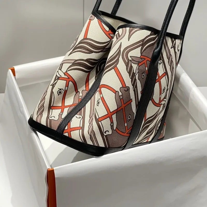 Alternative view of Hermes Horse Print Canvas Tote Bag with Black Leather Trim