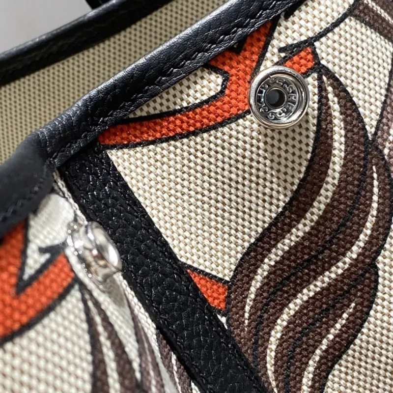Hermes Horse Print Canvas Tote Bag with Black Leather Trim - Image 6