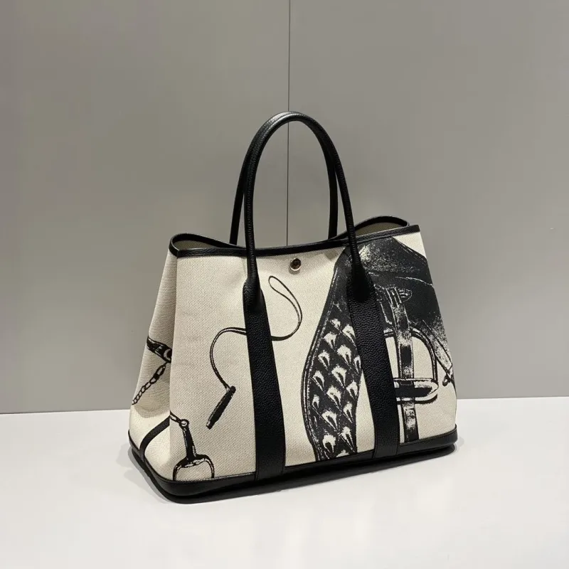 Hermes 145 Cream Black Canvas Tote Bag