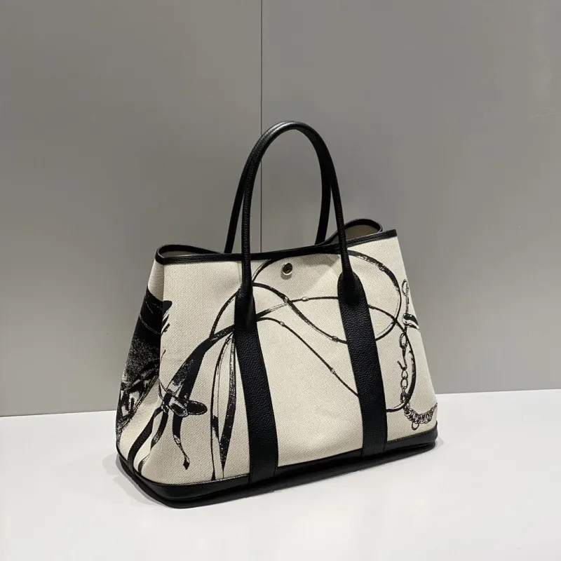 Alternative view of Hermes 145 Cream Black Canvas Tote Bag