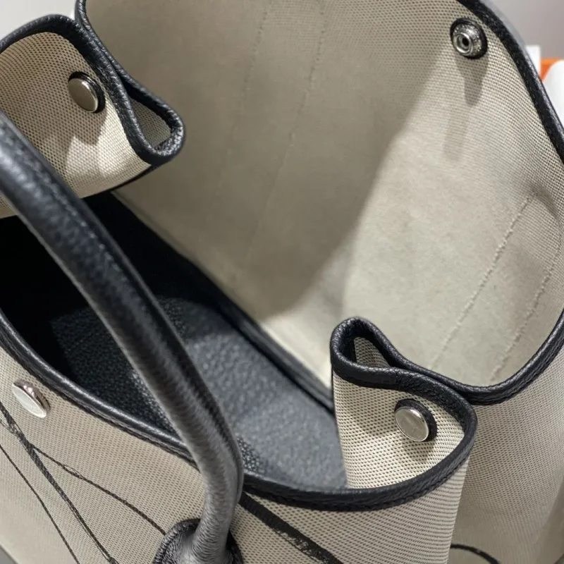 Hermes 145 Cream Black Canvas Tote Bag - Image 8