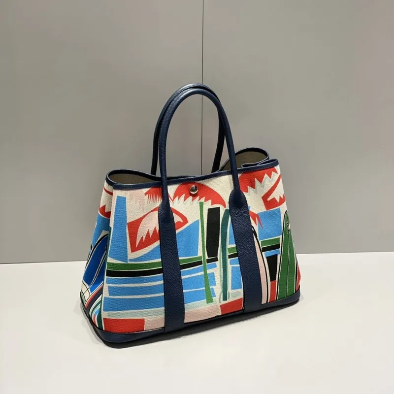 Hermes Printed Canvas Tote Bag Navy Trim