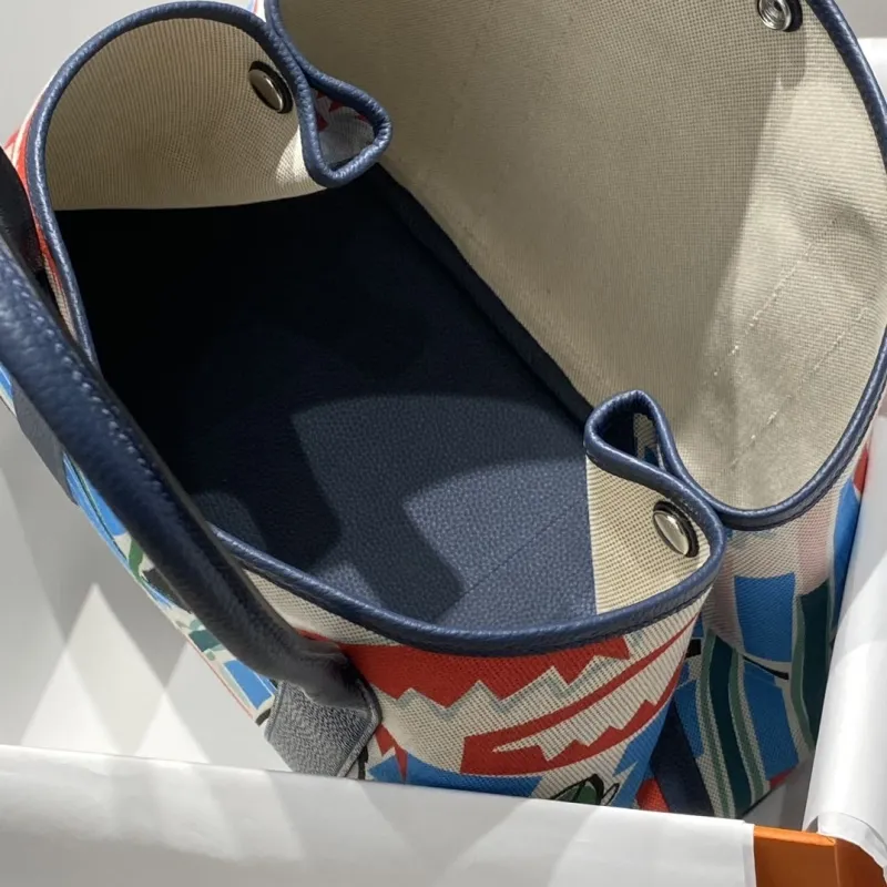 Hermes Printed Canvas Tote Bag Navy Trim - Image 8
