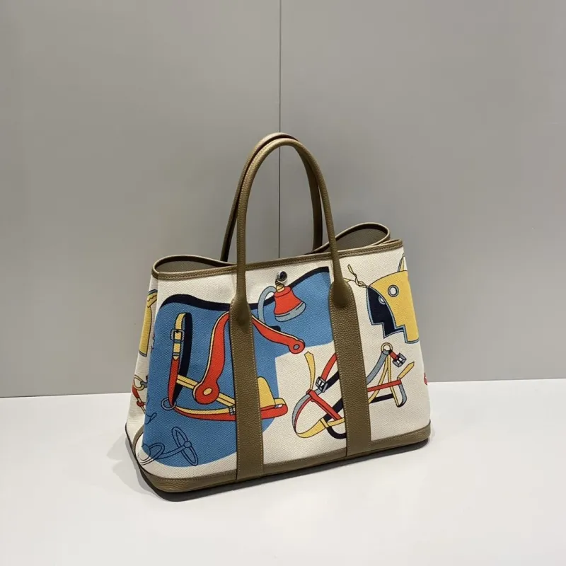 Hermes Printed Canvas Tote Bag 150 Beige