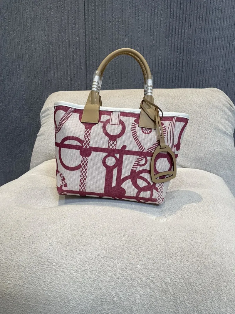 Hermes Maroon Pattern Canvas Tote Bag 158