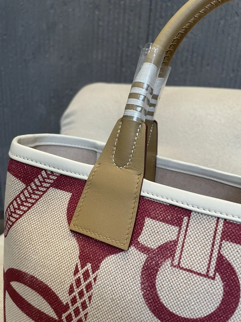 Hermes Maroon Pattern Canvas Tote Bag 158 - Image 3