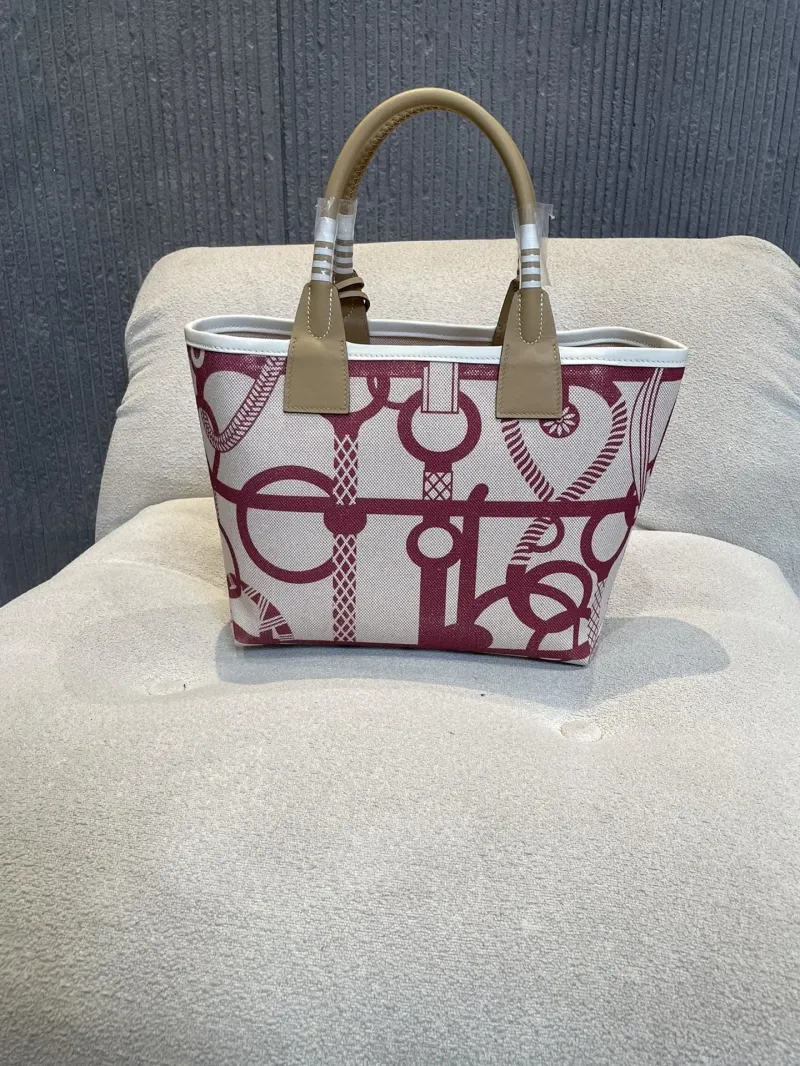 Hermes Maroon Pattern Canvas Tote Bag 158 - Image 5