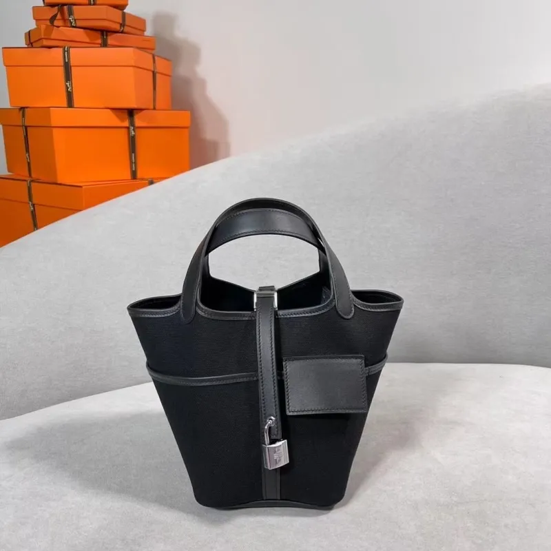 Hermes Black Canvas Leather Handbag 159