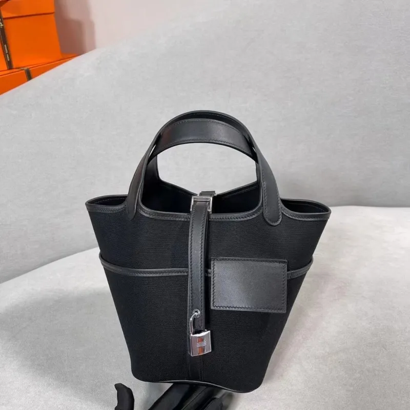 Hermes Black Canvas Leather Handbag 159 - Image 4