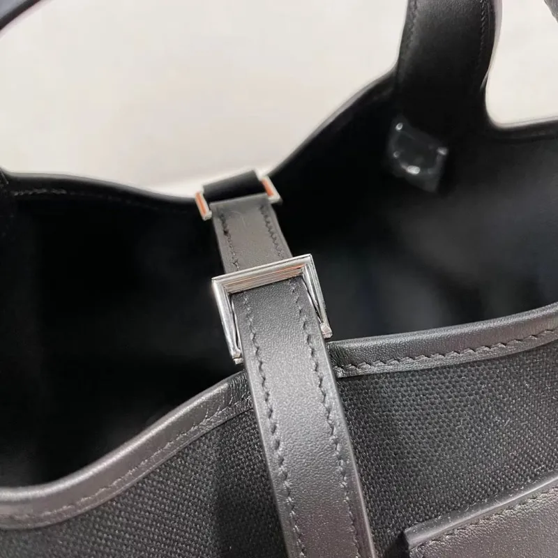 Hermes Black Canvas Leather Handbag 159 - Image 7