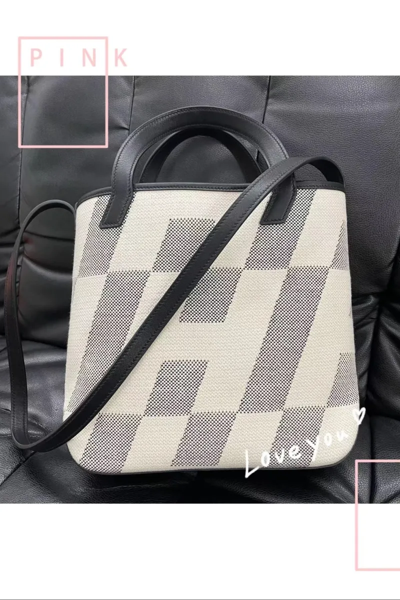 Hermes White Black Canvas Tote Crossbody Bag