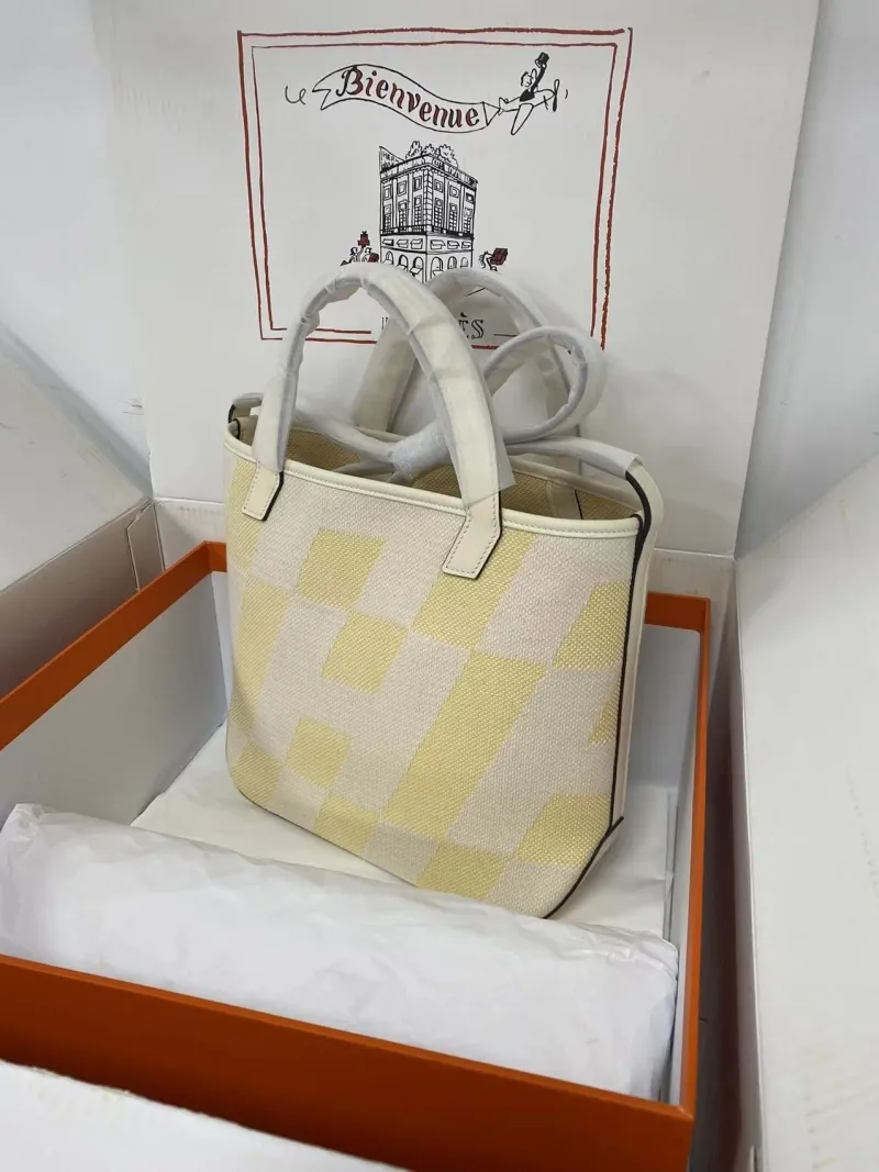 Hermes Cream Yellow Canvas Shoulder Tote Bag