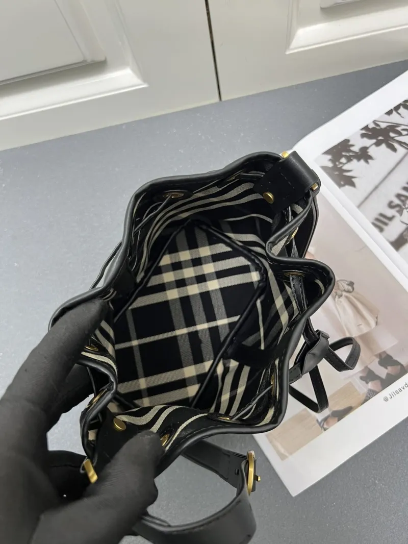 Burberry 8058 Large Black Check Bucket Bag - Image 8