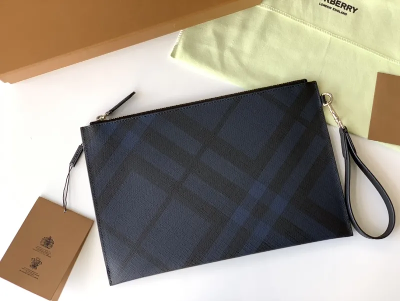 Burberry Navy Check Clutch Bag with Wrist Strap - Image 3
